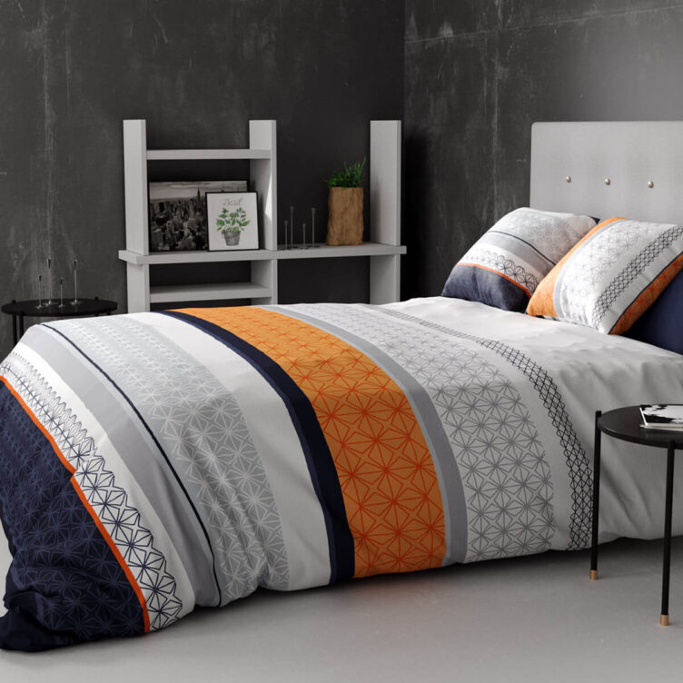 linge de lit parure de couette Baya coton réversible motifs ethnique orange bleu