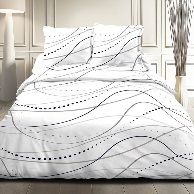 linge de lit parure de draps vague blanc coton motifs vague bleu noir - 1 housse de couette 2 taies d'oreillers