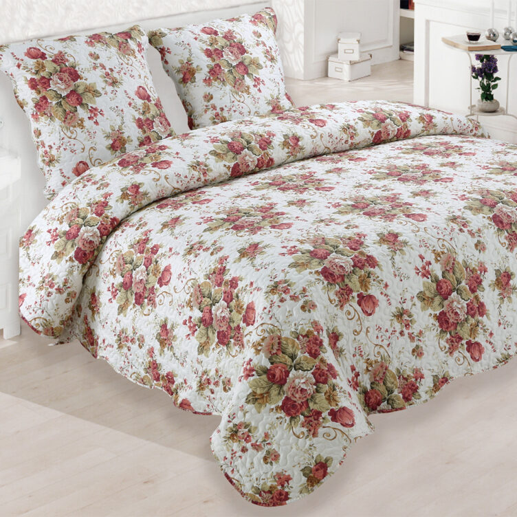 couvre lit polyester bouquet floral - blanc et rouge
